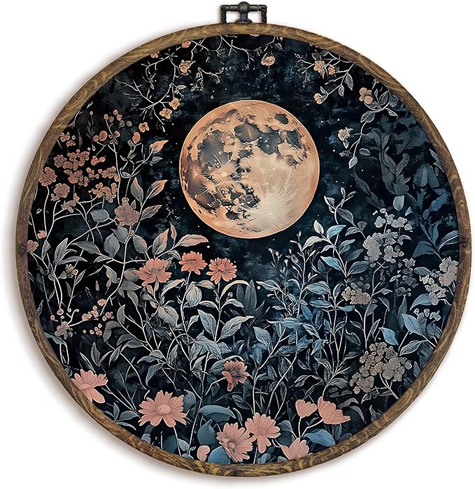 KFXHANGD Vintage Moon Flowers Round Wall Art Framed, Gothic Botanical Moon Canvas Wall Art Decor, Dark Academia Cottagecore Floral Pictures Hanging Decor for Bedroom Living Room Bathroom, 10x10inch
