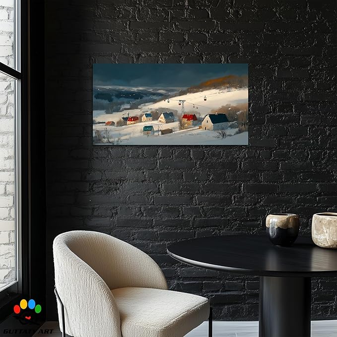 GUTTATY Christmas Winter Scene Canvas Wall Art, Snowy Village Pictures, Cable Car Canvas Prints, Nordic Landscape Painting, Cozy Holiday Wall Decor Poster for Living Room, Bedroom, Office, 24x12 Inch