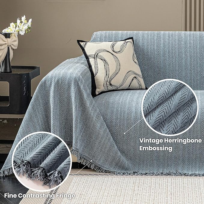 Nobildonna Sofa Cover Washable Soft Thicken Chenille Couch Cover with Tassel,Waterproof Sofa Slipcover for 3-4 Cushion Couch,Sectional Sofa,L-Shaped Furniture Protector Pet-Friendly,Dusty Blue91 x134