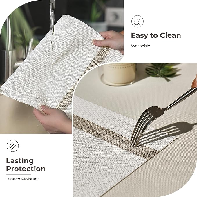 Leetaltree Luxury White Placemats with Gold Stripes Placemats Set of 8 - Waterproof Washable for Wedding, Anniversary, Daily Use - Sparkling Table Decor - Hand-Cut