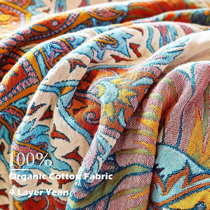 Boho Throw Blanket, 100% Organic Cotton Breathable Skin-Friendly Ultra Soft Bed Quilt Throw - All Season Floral Bird Farmhouse Décor Luxury Blanket for Sofa Couch Chair and Gift. 91" x 98"