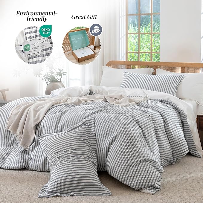 MILDLY Striped Duvet Cover Set - 100% Washed Cotton Charcoal Grey Boho Jacquard Textured Comforter Cover 3pcs with Zipper Closure 104"x90"