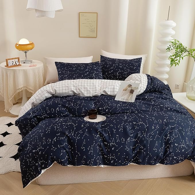 ECOCOTT Duvet Cover Queen, 100% Natural Cotton 1 Duvet Cover +2 Pillowcases Bedding Set,Navy and Cosmic Constellation Reversible Printed Pattern Soft Cozy Breathable and Durable Duvet Cover Set