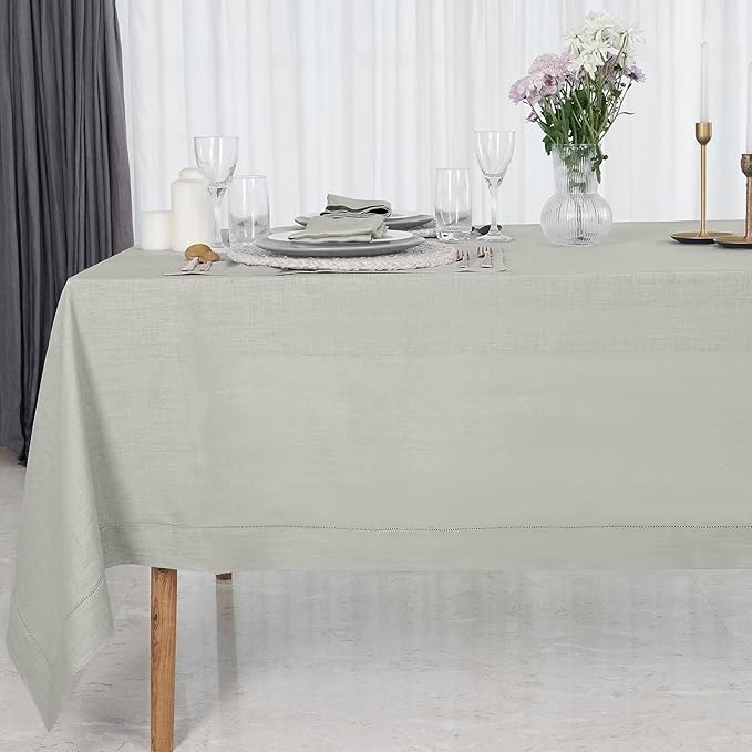 D'Moksha Homes Silver Grey Linen Tablecloth 60 x 156 Inch - 100% Pure Linen Grey Tablecloth for Rectangle Tables - Classic Hemstitch, Machine Washable Table Cloth for Thanksgiving, Holiday