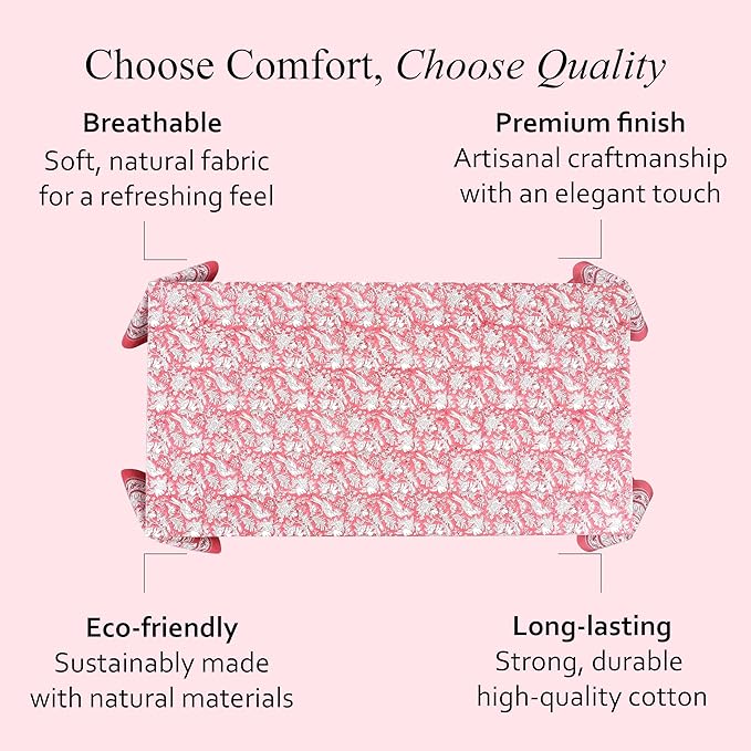 CPC Tablecloth 100% Cotton 72x140 Inch Indian Block Print Rectangle Table Cover, Red Table Cloth for Weddings, Spring/Summer, Barbeque - Pink Coral