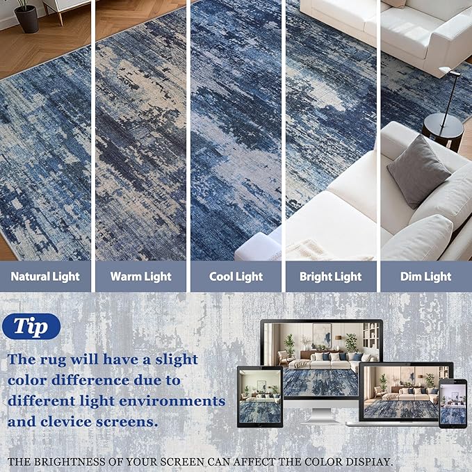 10x14 Area Rugs for Living Room: Large Machine Washable Area Rug with Non Slip Backing Non Shedding Abstract Stain Resistant Carpet for Bedroom Dining Room Nursery Home Office - Beige/Blue