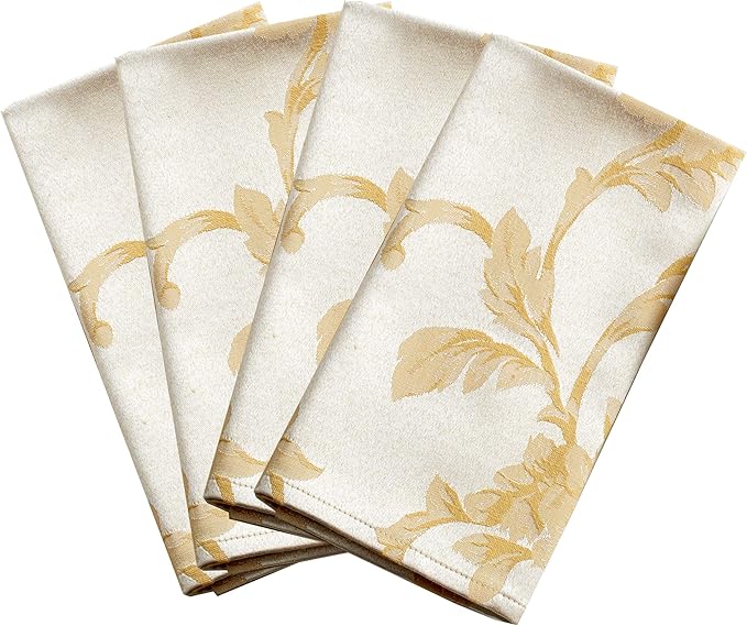 Benson Mills Harmony Scroll Woven Damask Fabric Set of 4 Napkins, Everyday, Parties, Special Occasions, Weddings and Holiday Cloth Napkins (18" x 18" Napkins, Silver – Gold)