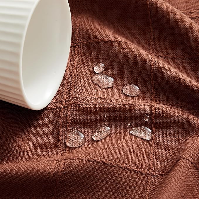 ZeeMart Linen Checked Table Cloth, Farmhouse Style Plaid Embroidered Rust Tablecloth, Water Resistant Rectangle Table Cloth, Terracota 60x84 Inches
