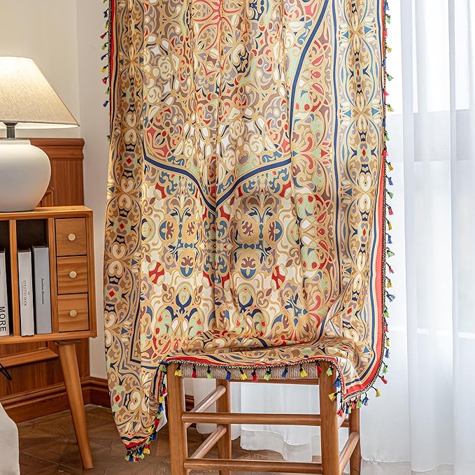 Popular Handicrafts Printed Curtains for Living Room 102 Inches Long Indian Hippie Bohemian Curtains Rod Pocket Light Filtering 2 Panels, Orange