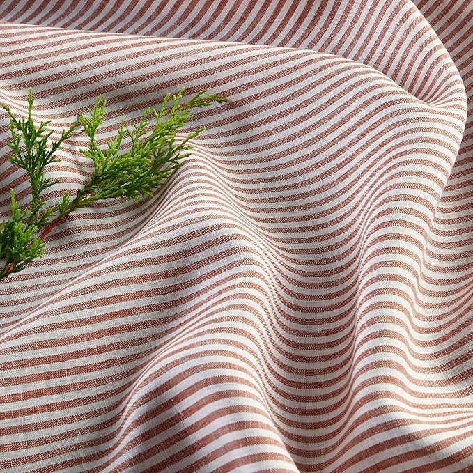 Solino Home Linen Square Tablecloth 52 x 52 Inch - Narrow Stripe, 100% Pure Linen Cinnamon and White Table Throw - Machine Washable Tablecloth for Fall, Autumn, Thanksgiving