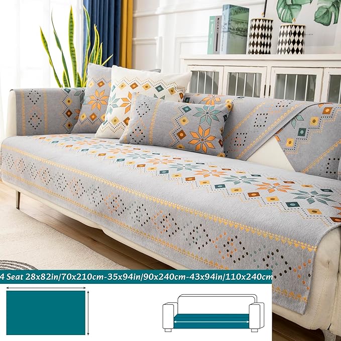 Boho Chenille Couch Covers,Geometric Couch Covers for Sofa,Chenille Couch Cover Non Slip,Sectional l Shaped Sofa Furniture Protector Cover for Home Decor,Gray_4 Seat 43x94in/110x240cm