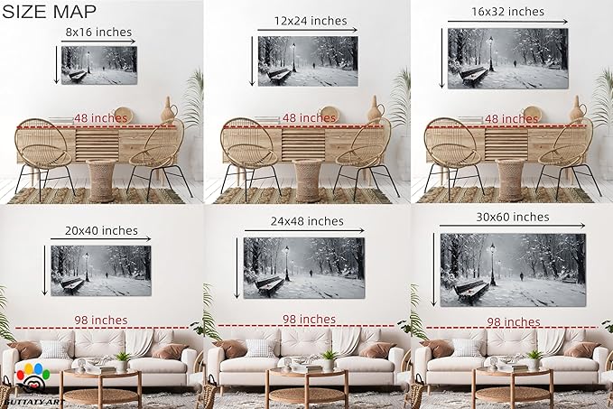 GUTTATY Christmas Winter Scene Canvas Wall Art, Snowy Park Pictures Print, Monochrome Wall Decor with Bench and Lamp, Fine Canvas Artwork for Living Room, Bedroom, Office, Holiday Gift, 48x24 Inch