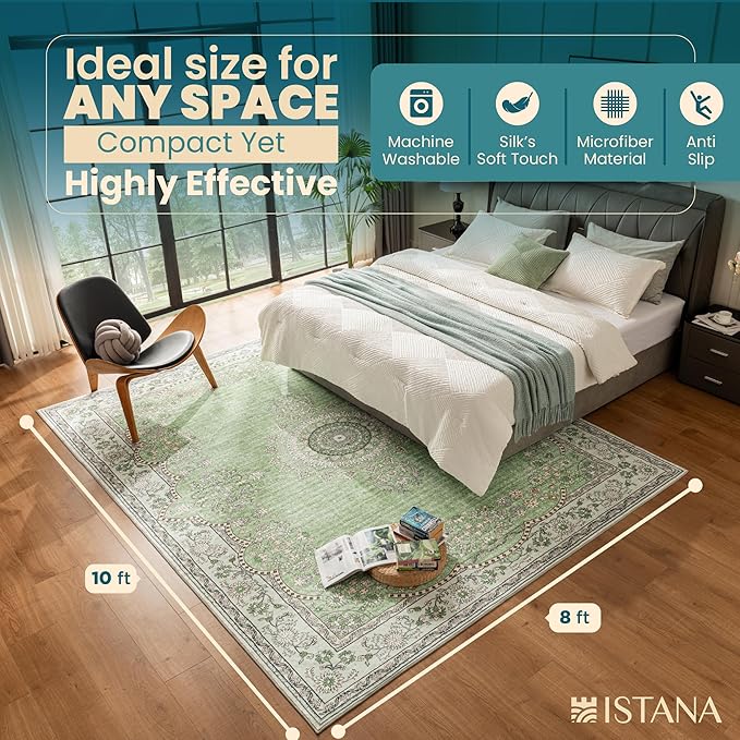 Istana 8x10 Area Rug - Green 8x10 Rugs for Living Room - Foldable Rugs for Bedroom - Stain Resistant Washable Rug - Eco-Friendly Area Rugs - Easy to Clean Living Room Rug