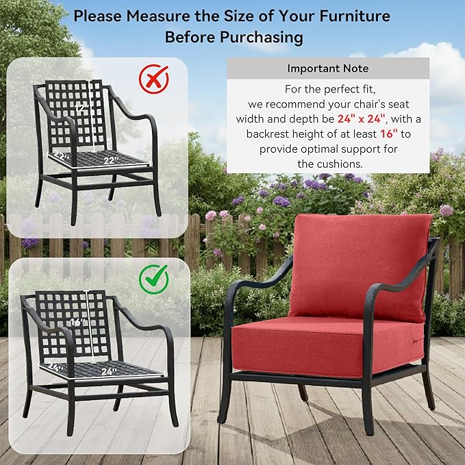 6" Thick Outdoor Cushions 24x24x6, 4-Set Deep Seat Patio Cushions with Removable Cover, Waterproof & Fade Resistant Replacement for Wicker Chair, Loveseat, Sofa - Red