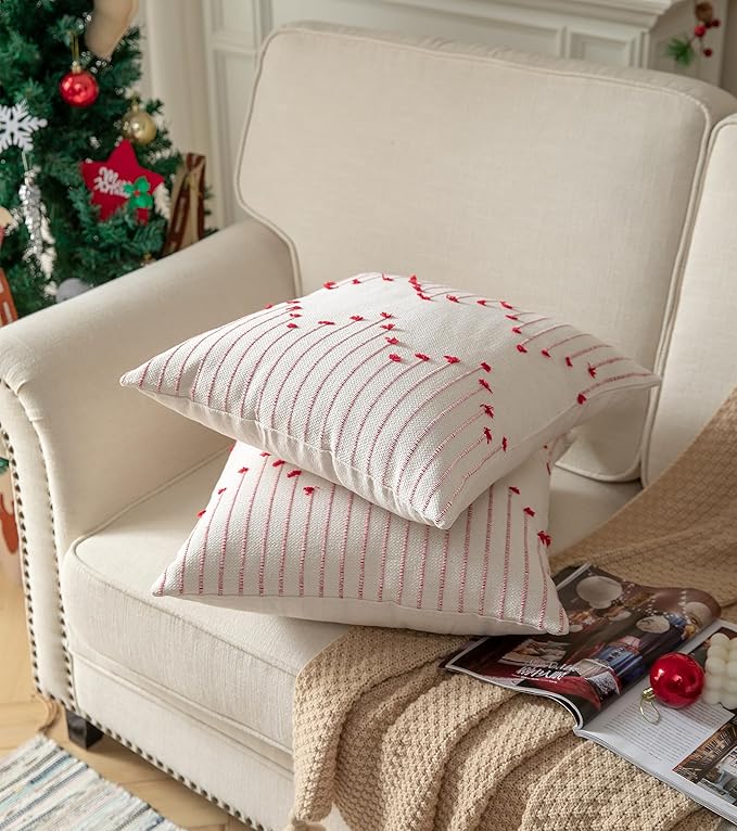 Caflife Boho Christmas Throw Pillow Covers 22x22 Set of 2, Holiday Christmas Decorative Pillow Covers Beige with Red Line for Modern Farmhouse Couch Sofa Bedroom Living Room Outdoor