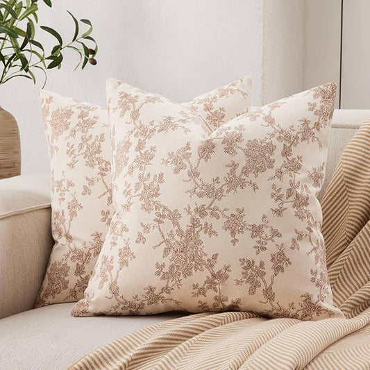 100% Cotton French Pastoral Throw Pillow Covers Set of 2, 22x22 Inch Brown Farmhouse Decorative Cushion Covers for Sofa Bed Living Room Home Decor