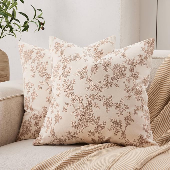 100% Cotton French Pastoral Throw Pillow Covers Set of 2, 20x20 Inch Brown Farmhouse Decorative Cushion Covers for Sofa Bed Living Room Home Decor