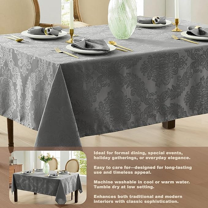 Newbridge Barcelona Damask Fabric Tablecloth, 60 x 84 Inch Rectangle, Grey – No Iron, Soil Resistant Table Cover for Dining, Parties and Holidays