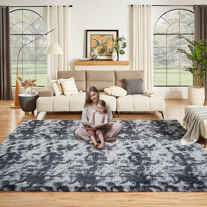 Floralux 9x12 Shag Rug for Living Room, Tie-Dyed Dark Grey, Soft Area Rugs for Bedroom, Large Fluffy Shaggy Carpets