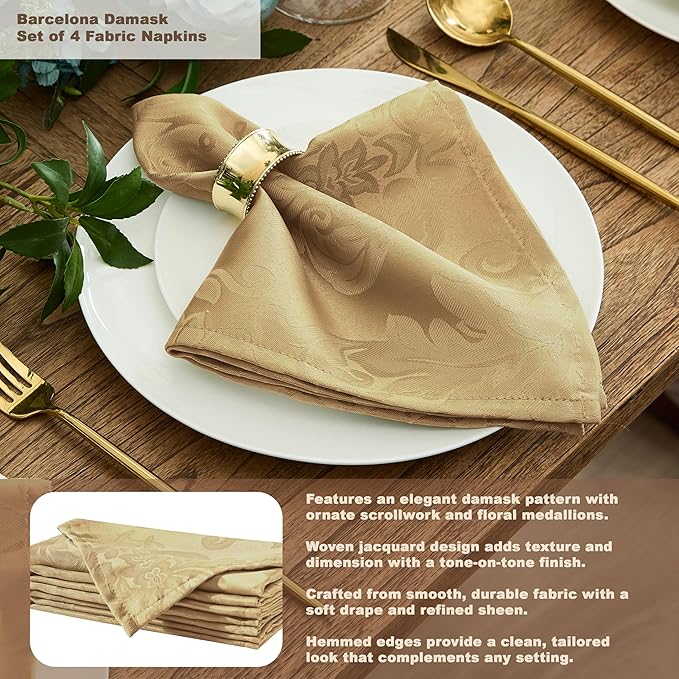 Newbridge Barcelona Damask Fabric Tablecloth, 52 x 52 Inch Square, Gold – No Iron, Soil Resistant Table Cover for Dining, Parties and Holidays