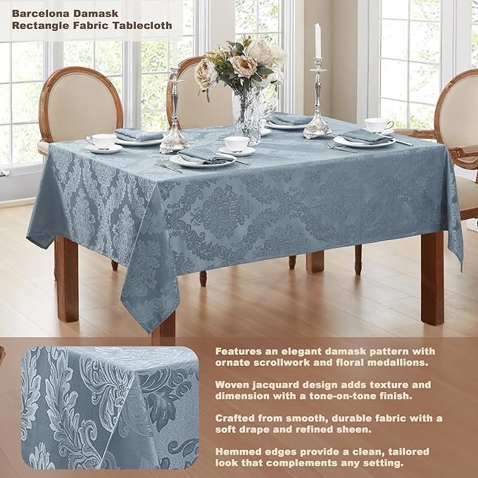 Newbridge Barcelona Damask Fabric Tablecloth, 60 x 120 Inch Rectangle, Blue – No Iron, Soil Resistant Table Cover for Dining, Parties and Holidays