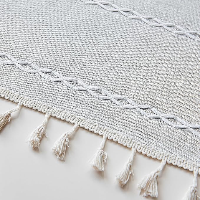 Sutuo Home Boho Curtain for Bedroom Living Room Kitchen, Semi Blackout Linen Farmhouse Shabby Chic Tassels Window Treatment Bohemian Embroidery Drape, Rod Pocket 1 Panel 52" W x 96" L, Light Grey