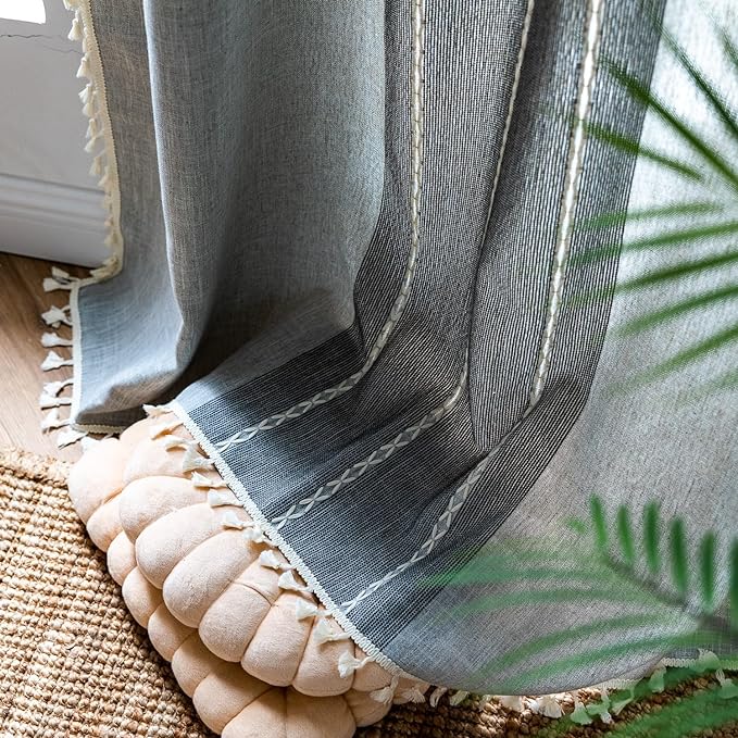 Sutuo Home Boho Curtains 96 inch for Bedroom Living Room, Semi Blackout Linen Farmhouse Shabby Chic Tassels Window Treatment Bohemian Embroidery Drape, Rod Pocket 1 Panel 52" W x 96" L, Gray Linen