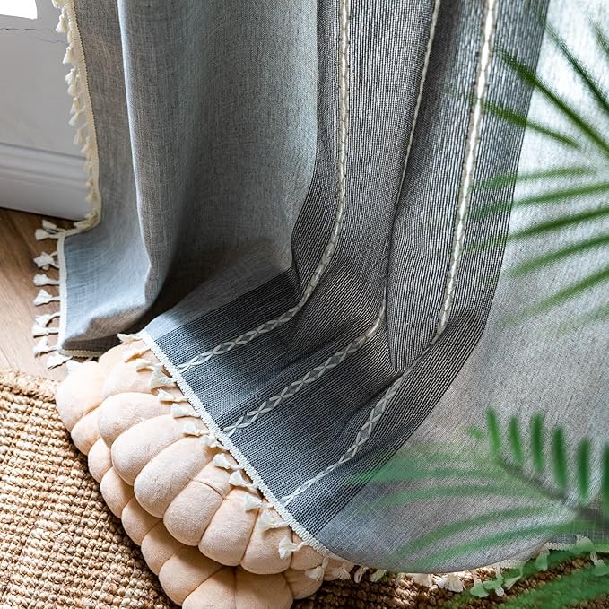Sutuo Home Boho Curtains 72 inch Long for Bedroom Living Room, Semi Blackout Linen Farmhouse Chic Tassels Window Treatment Bohemian Embroidery Drape, Rod Pocket 1 Panel 52" W x 72" L, Gray Linen