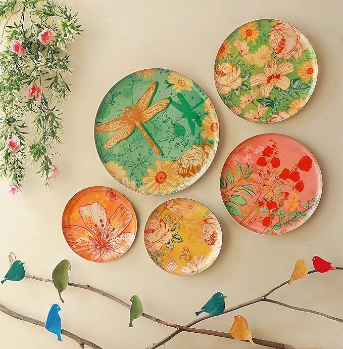 RITUALISTIC Pastel Blooms Iron Wall Art Plates – Set of 5 Decorative Plates | Floral & Nature-Inspired Metal Wall Decor | Soft-Toned Wall Hanging for Living Room, Bedroom & Christmas gifts