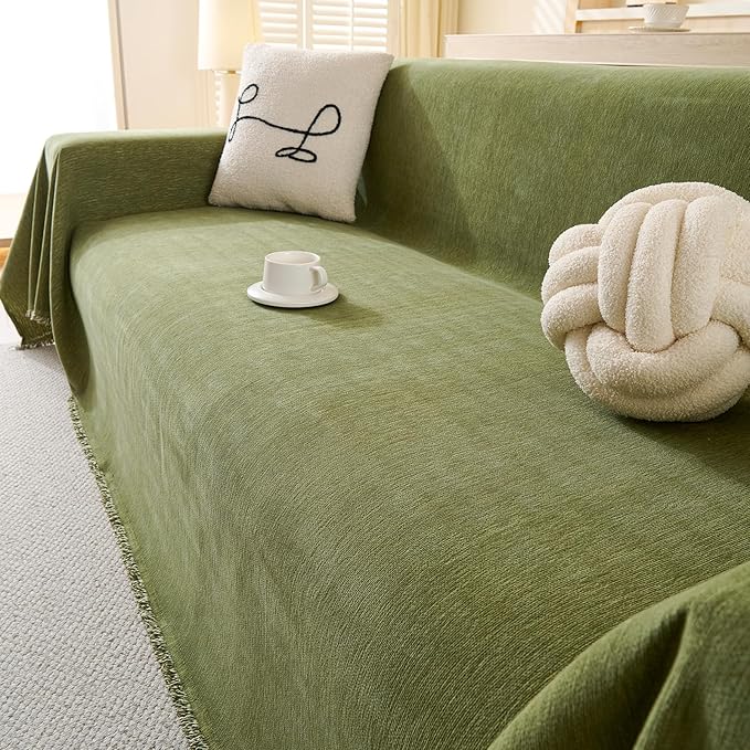 100% Waterproof Couch Cover Sofa Covers for 3-4 Cushion Couch Sectional Couch Washable Sofa SlipCover for Dog Pet-Friendly Furniture Protector for Living Room with Tassel(91" x 150", Green)