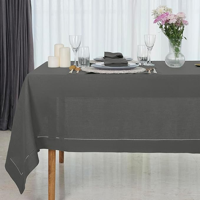 D'Moksha Homes Charcoal Grey Linen Tablecloth 60 x 120 Inch - 100% Pure Linen Hemstitch Tablecloth for Rectangle Tables - Classic Hemstitch, Machine Washable Table Cloth for Thanksgiving