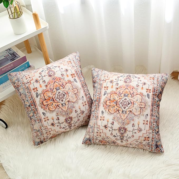 Boho Throw Pillow Covers 16x16 inch Set of 2,Boho Vintage Carpet Pattern Antique Ethnic Decor Double Sided Pattern Cushion Cover Soft Pillow Case Living Sofa Room Bed Square Pillow Cover