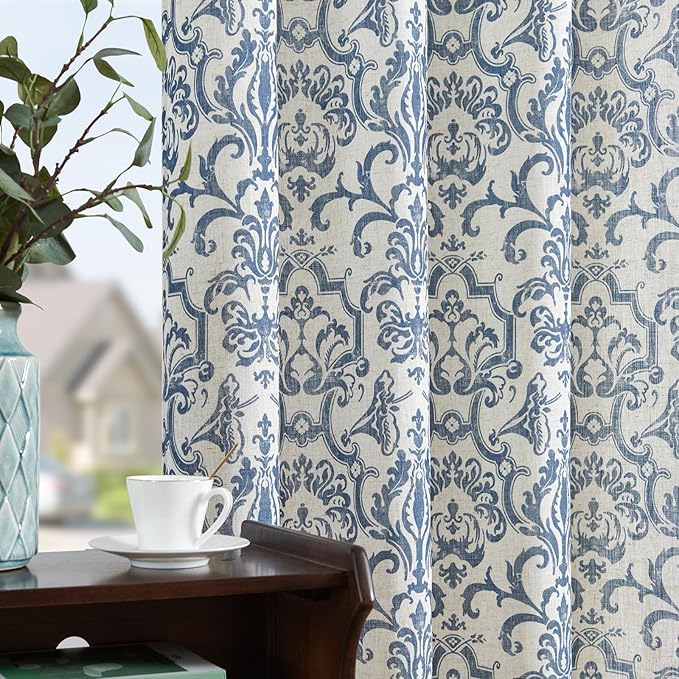 jinchan Curtains for Bedroom, Light Filtering Curtains 72 Inch Length 2 Panels Set, Baroque Style Linen Drapes for Living Room, Vintage Damask Patterned Window Treatments, Grommet Slate Blue on Flax