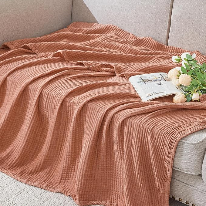 EMME Cotton Muslin King Blanket Bed Layering Breathable Gauze Blanket Soft Lightweight Blankets Adults (Orange Red, 108"x90")