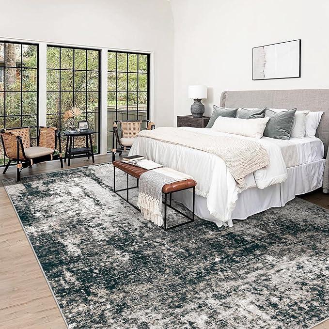 9x12 Area Rugs Washable Rug, Soft Modern Abstract Rugs for Living Room Large Low Pile Thin Rug Non Slip Indoor Neutral Carpet for Bedroom Dining Room Farmhouse Office Kids Playroom Black Grey Gold