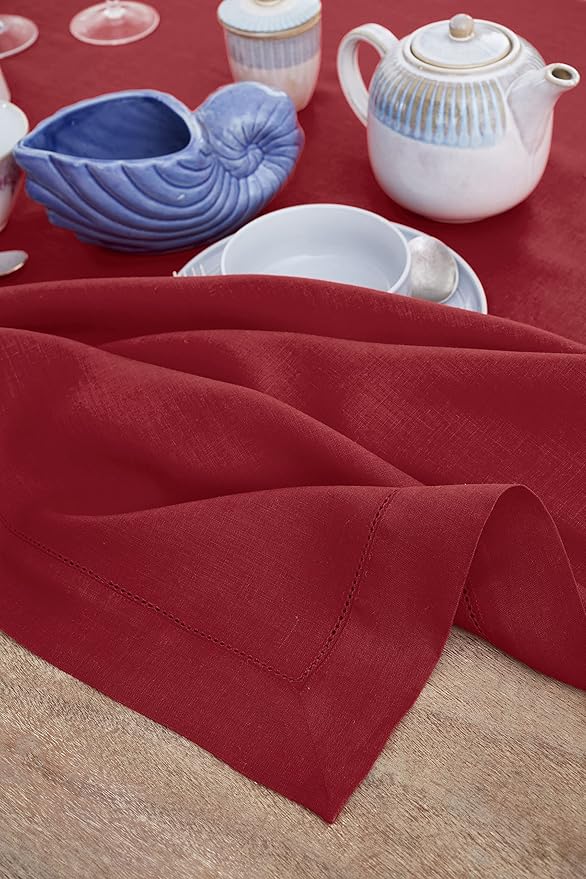 Solino Home Linen Tablecloth 60 x 108 Inch - Classic Hemstitch 100% Pure Linen Red Table Cloth for Rectangle Tables - Machine Washable Tablecloth for Christmas, Winter
