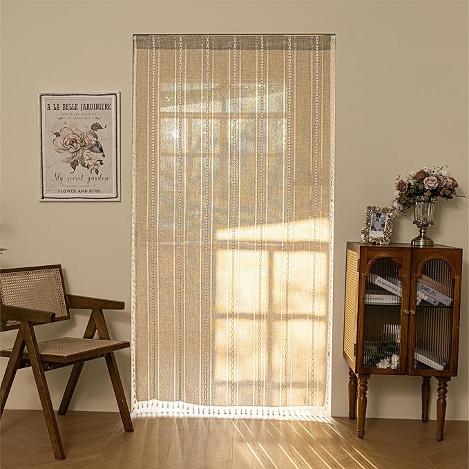 Sutuo Home Boho Door Curtains for Doorway, Bohemian Semi Blackout Curtains Privacy Embroidery Drape Decor for Temporary Room Dividers Bedroom Living Room, Rod Pocket 1 Panel 37" W x 80" L, Natural