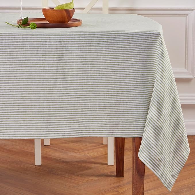 Solino Home Linen Tablecloth 60 x 132 Inch - Narrow Stripe 100% Pure Linen Avocado and White Table Cloth for Rectangle Tables - Machine Washable Tablecloth for Fall, Autumn, Thanksgiving