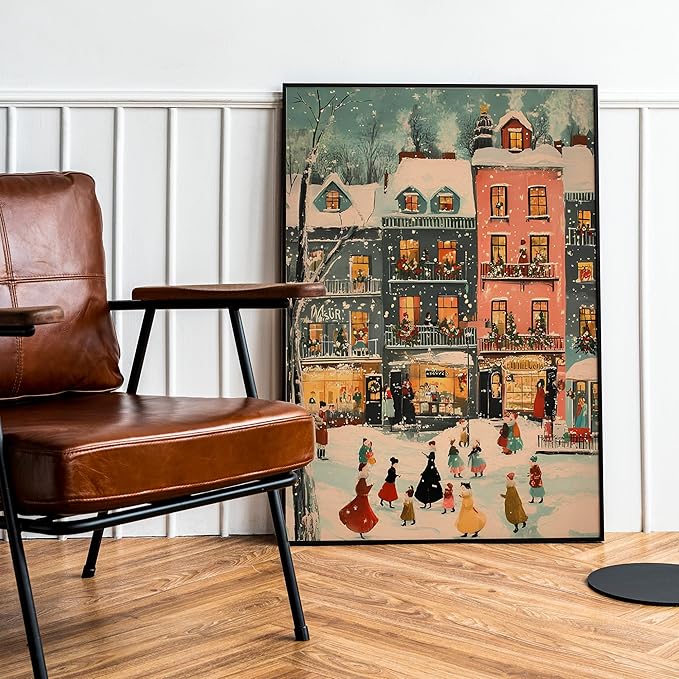 OZCONO Colorful Christmas Town Wall Art, Retro Winter Village Holiday Decor, Cozy Seasonal Farmhouse Accent, Snowy Scene for Festive Home Styling, Hello December Print (Unframed) (24x36)