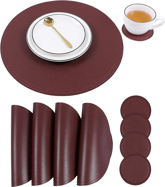 Faux Leather Round Placemats and Coasters, Coffee Mats Kitchen Table Mats, Waterproof, Easy to Clean for Round Table, Dining Table