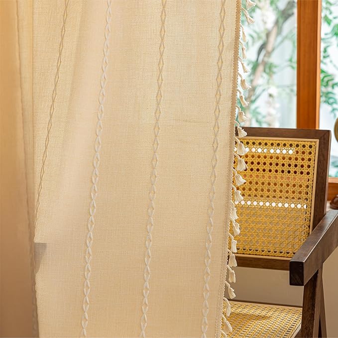 Sutuo Home Boho Curtains for Bedroom Dining Room Kitchen, Light Filtering Linen Farmhouse Shabby Chic Tassels Window Treatment Bohemian Embroidery Drape, Rod Pocket 1 Panel 52" W x 63" L Champagne