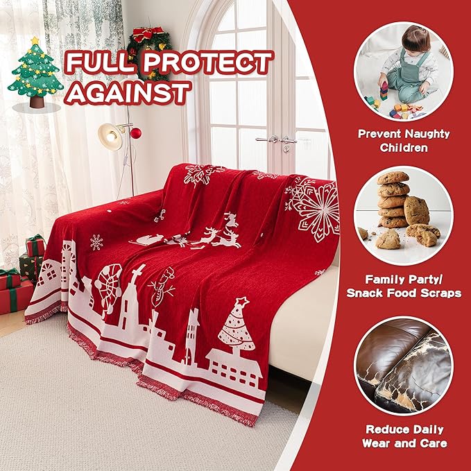 MEETSKY Red Christmas Couch Cover for Dogs, Chenille Sofa Throw Cover for Love seat Sofa with Pets Friendly, Thick Soft Fabric Jacquard Sofa Covers Washable Modern Style for Living Room, 71" x 102"