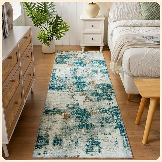 Istana Hallway Runner Rug 2.5x8 - Green Kitchen Rugs Non Slip Washable -Silk's Soft Touch Carpet Runner - Stylish Rugs for Home