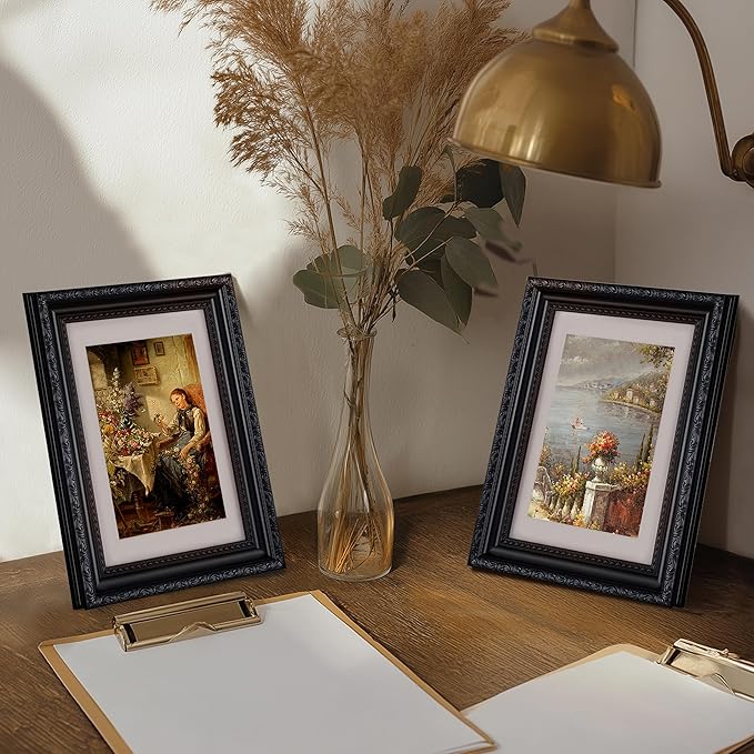 eletecpro 4x6 Picture Frames Set of 2, Vintage Photo Frames with Glass, Display 3.5x5 Photo with Mat or 4x6 without Mat for Tabletop or Wall Decor, Black