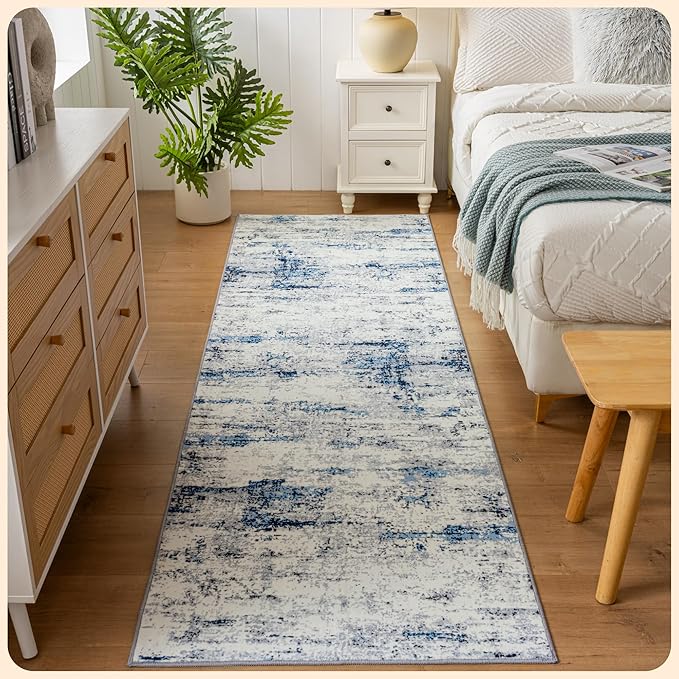 Istana Hallway Runner Rug 2.5x8 - Blue/White Kitchen Rugs Non Slip Washable -Silk's Soft Touch Carpet Runner - Stylish Runner Rugs for Home