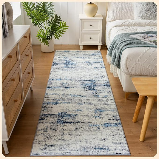 Istana Hallway Runner Rug 2.5x8 - Blue/White Kitchen Rugs Non Slip Washable -Silk's Soft Touch Carpet Runner - Stylish Runner Rugs for Home