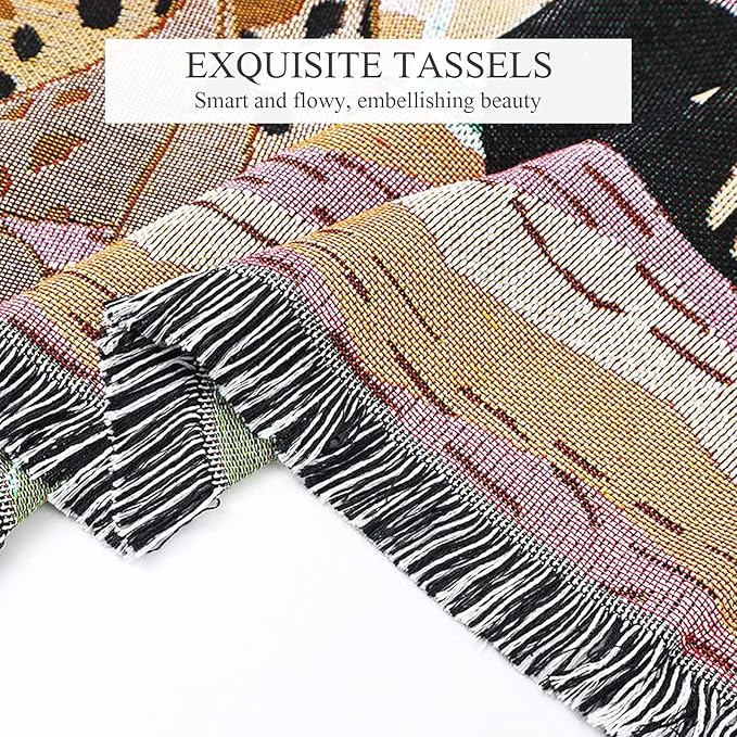Double-Sided Cotton Woven Throw Blanket with Tassel Jungle Bohemian Style Tapestry Shawl Multi-Function Decorative Throws for Sofa Bed Armchair Camping Blanket Tablecloth Carpet 160x130cm