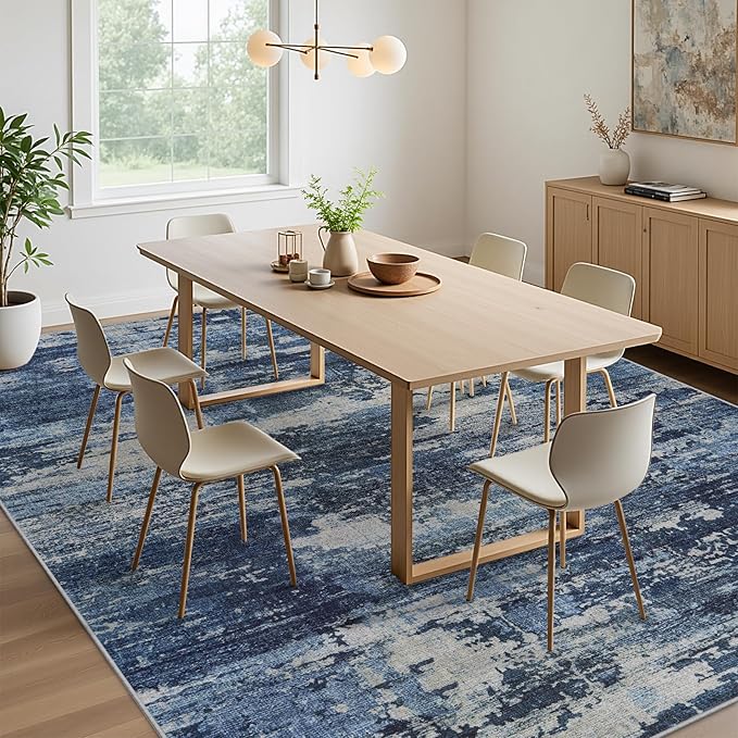 Area Rugs 9x12 Living Room: Large Machine Washable Area Rug with Non Slip Backing Non Shedding Abstract Stain Resistant Carpet for Bedroom Dining Room Nursery Home Office - Beige/Blue
