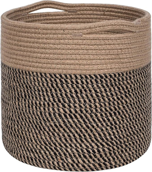 MINTWOOD Design 11 x 11 Inches Cotton Rope Basket for Flower Pot and Indoor Floor Planters, Decorative Round Woven Plant Pot Basket, Planter Covers, Small Dog Toy Storage Baskets, Black