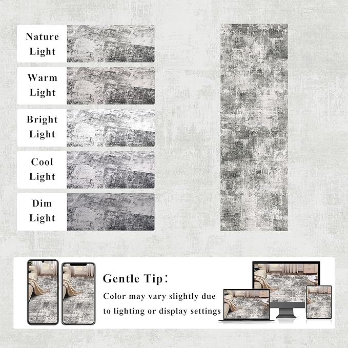 2.6x8 Modern Abstract Rug Washable Area Rugs for Living Room Bedroom Dining Room Non-Slip Low Pile Neutral Large Rug Soft Indoor Floor Carpet, Gray